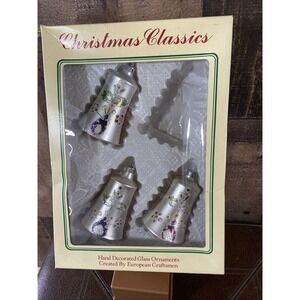 Vintage Christmas Classics European Glass Bell Ornaments Set of 3 Hand Decorated